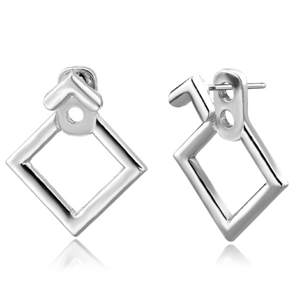 Silver Tone Square Geometric Jacket Stud Earrings - Picture 6 of 7